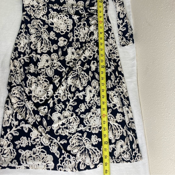Lauren Ralph Lauren Dress  8 Black White Floral Ruched Career Faux Wrap 3/4 Slv - Picture 13 of 16